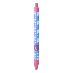 Caneta Preta Monograma Personalizado de Coruja Azul e Lilac N1