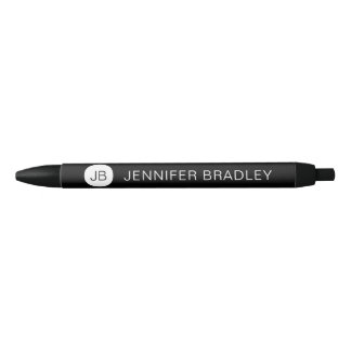 Caneta Preta Monograma Simples Preto e Branco Nome Personalizad