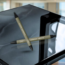 Caneta Preta Monograma verde minimalista elegante com logotipo