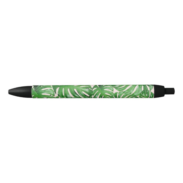 Caneta Preta Monstera Tropical de Aquarela Deixa Padrão Rosa (Frente)