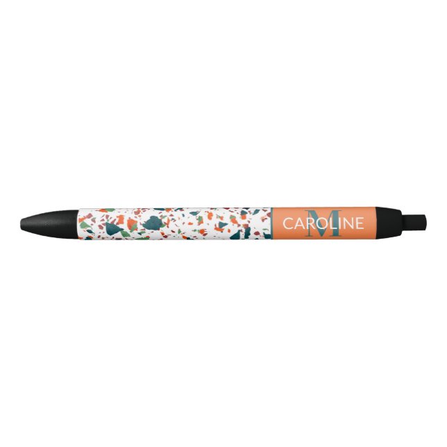 Caneta Preta Motif de Arte Terrazzo Verde Laranja Personalizado (Frente)