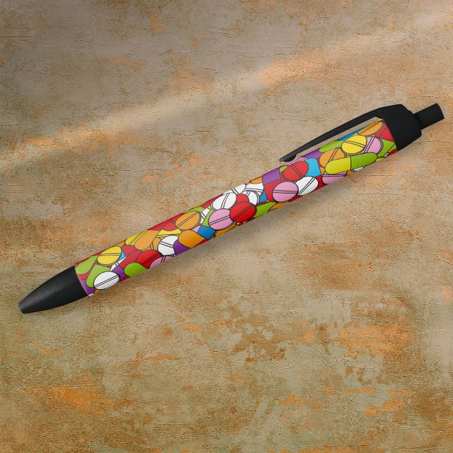 Caneta Preta Muitos Comprimidos Coloridos Modernos (Lots Of Pills Colorful Modern Black Ink Pen)