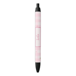Caneta Preta Nome com Design de Laço de Cereja em Xadrez Rosa