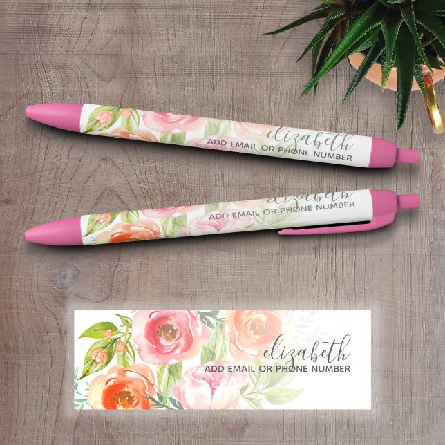 Caneta Preta Nome da Caligrafia das Flores de Aquarela Pintadas (Personalized Writing Pens)