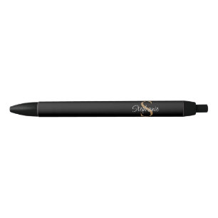 Caneta Preta Nome em Script Elegante Monograma Preto Dourado