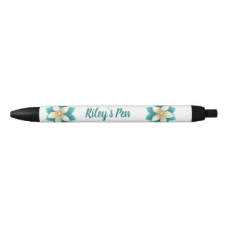 Caneta Preta Nome Floral Azul Elegante