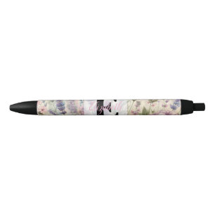 Caneta Preta Nome monograma em flores de aquarela vintage