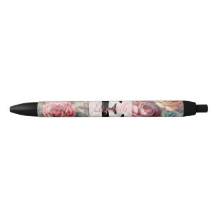 Caneta Preta Nome monograma em flores de aquarela vintage