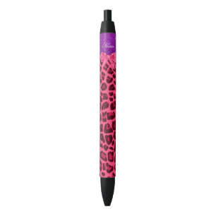 Caneta Preta Nome personalizado arco-leopardo-rosa-brilho-roxa