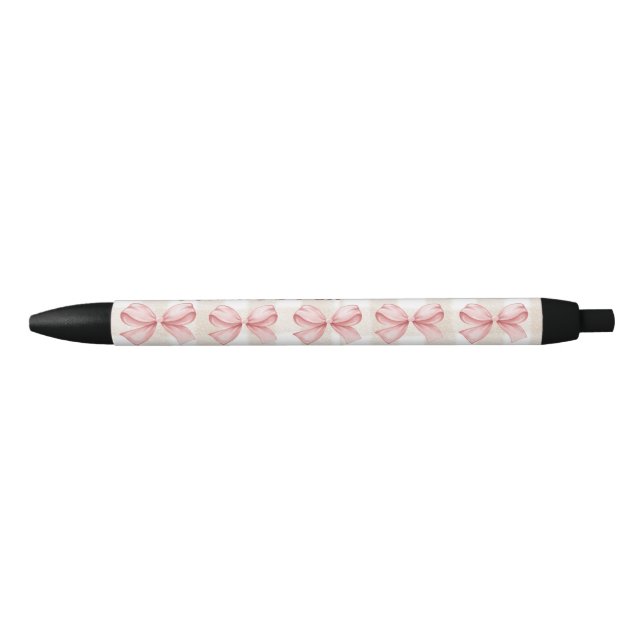 Caneta Preta Nome Personalizado de Arco Suave Gingham e Rosa (Frente)