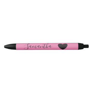 Caneta Preta Nome Personalizado de Coração Preto Rosa