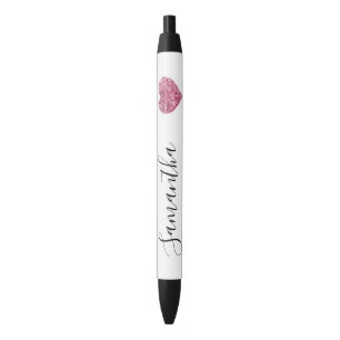 Caneta Preta Nome Personalizado do Coração Cor-de-Rosa Branco