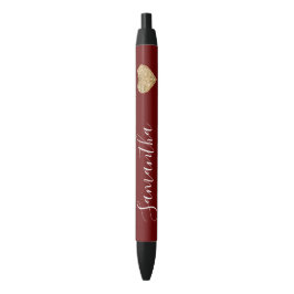 Caneta Preta Nome Personalizado do Coração Dourado Vermelho