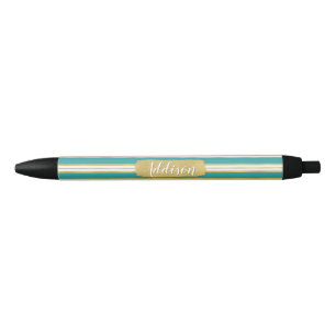 Caneta Preta Nome Personalizado do Padrão de Faixa Dourada Azul
