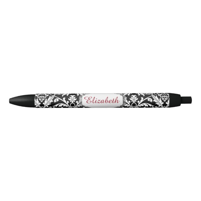 Caneta Preta Nome personalizado e Damasco preto e branco legant (Frente)