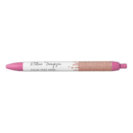 Caneta Preta Nome Personalizado e Rosa de Texto Dourado Glitter