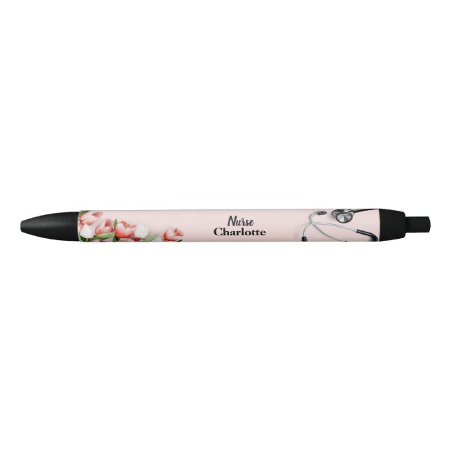 Caneta Preta Nome Personalizado Enfermeiro Estetoscópio Floral  (Frente)