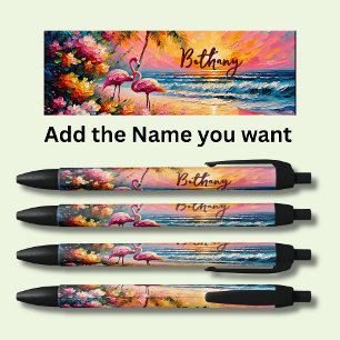 Caneta Preta Nome Personalizado, Flamingos na Praia