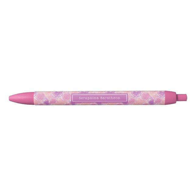 Caneta Preta Nome Personalizado Floral Púrpura Cor-de-Rosa (Frente)