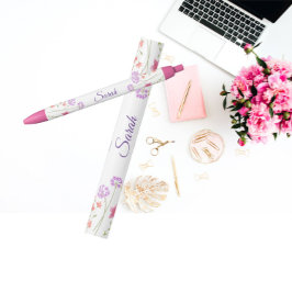 Caneta Preta Nome Personalizado Floral Rosa