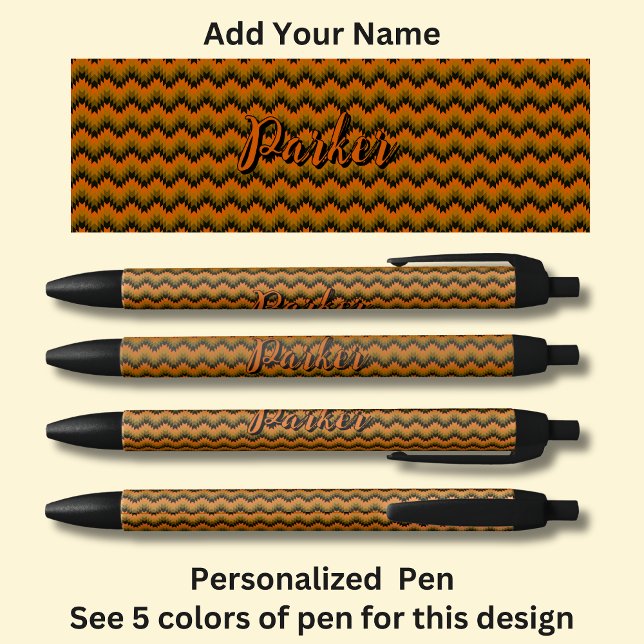 Caneta Preta Nome Personalizado, Orange Brown Chevron Zig Zag (Criador carregado)