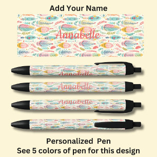 Caneta Preta Nome Personalizado, Penas de Aqua Boho Rosa