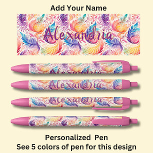 Caneta Preta Nome Personalizado Penas de Paisley Azul-Aqua-Rosa