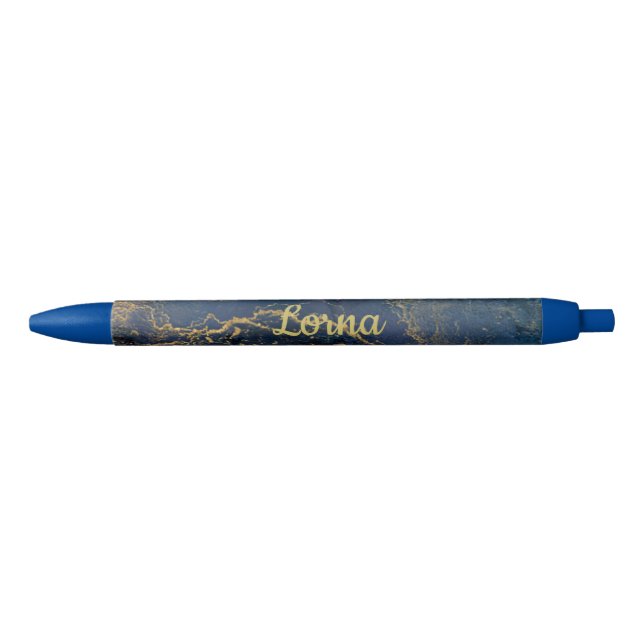 Caneta Preta Nome Personalizado Rastreio Azul Dourado do Marble (Frente)
