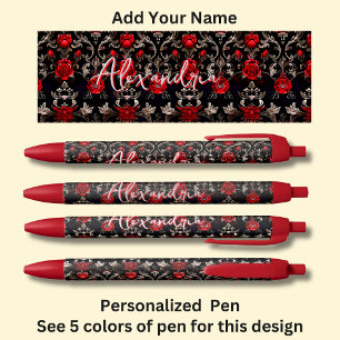 Caneta Preta Nome Personalizado, Rosa vermelha em Vermelho