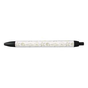 Caneta Preta Olhar de Folha de Ouro Conchas Chic Praia Elegante