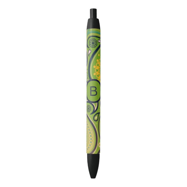 Caneta Preta Ornate Green Paisley Pattern Monogram (Frente Vertical)