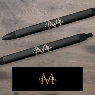 Caneta Preta Ouro Preto Monograma Elegante Estilo Script