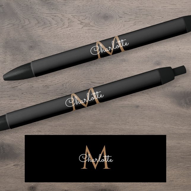 Caneta Preta Ouro Preto Monograma Elegante Estilo Script (Black Gold Monogram Elegant Girly Script Pen)