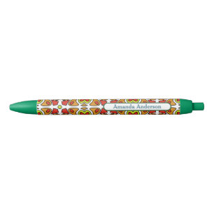 Caneta Preta Padrão Abstrato Simétrico Corações Personalizado