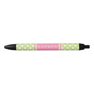 Caneta Preta Padrão Bolinhas verde e rosa personalizado