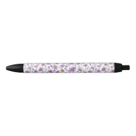 Caneta Preta Padrão Botânico de Flor Silvestre Roxa