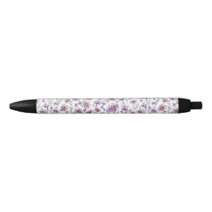 Caneta Preta Padrão Botânico de Flor Silvestre Roxa
