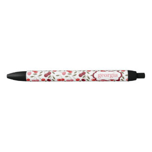 Caneta Preta Padrão Cereja Rosa Vermelho Doce Monograma