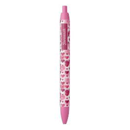 Caneta Preta Padrão de Corações Rosa Com Nome Personalizado