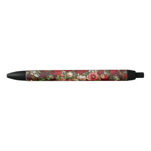 Caneta Preta Padrão de Fita Floral Rosa Vitoriana Borgonha Escu