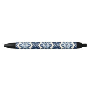 Caneta Preta Padrão de Flor Azul e Branco