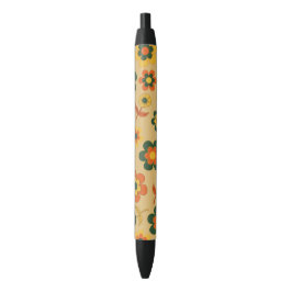 Caneta Preta Padrão de Flor do Laranja de Imagem Retroativa 70s