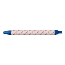 Caneta Preta Padrão de Flores de Coral Macio e Folhas Azuis
