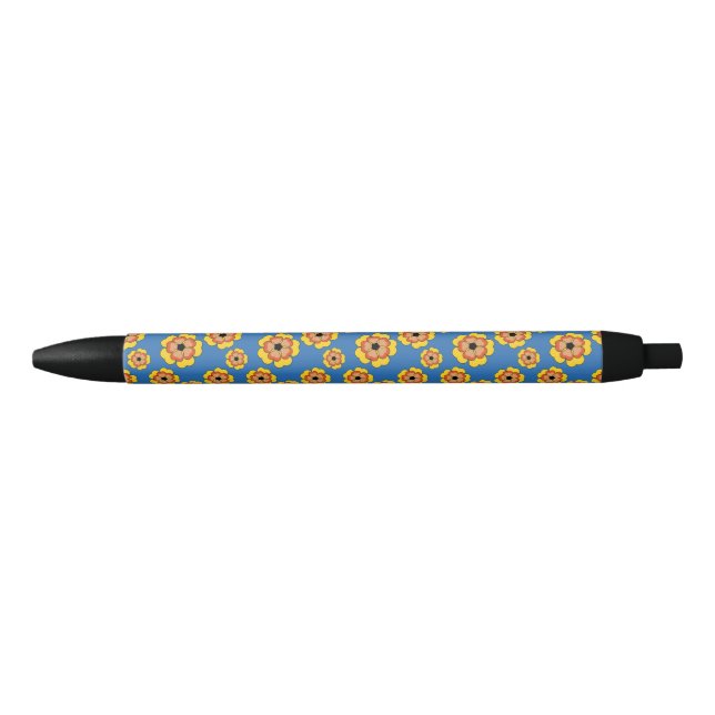 Caneta Preta Padrão de Flores de Laranja Amarelo (Frente)