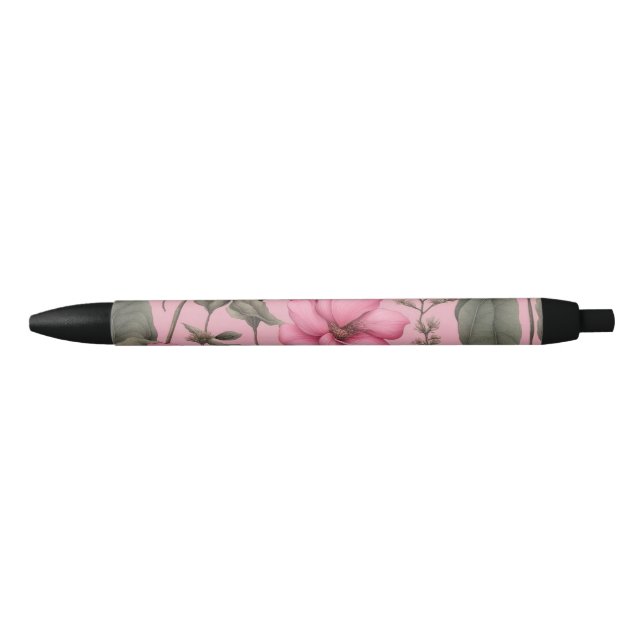 Caneta Preta Padrão de flores rosa botianicas (Frente)