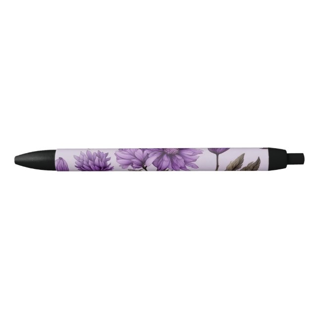 Caneta Preta Padrão de flores roxas botânicas (Frente)