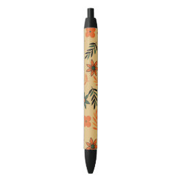 Caneta Preta Padrão de Folhas Florais de Flores da Vintage 70s