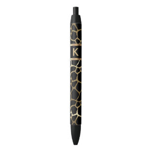 Caneta Preta Padrão de Girafa Preto e Dourado Monograma