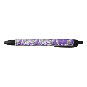 Caneta Preta Padrão de Lavanda Roxo Incrível Monograma