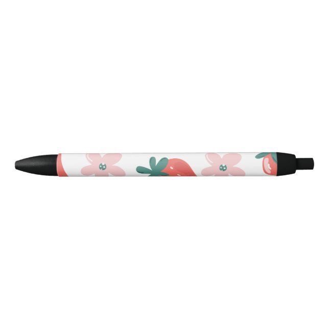 Caneta Preta Padrão de morango e flor (Frente)